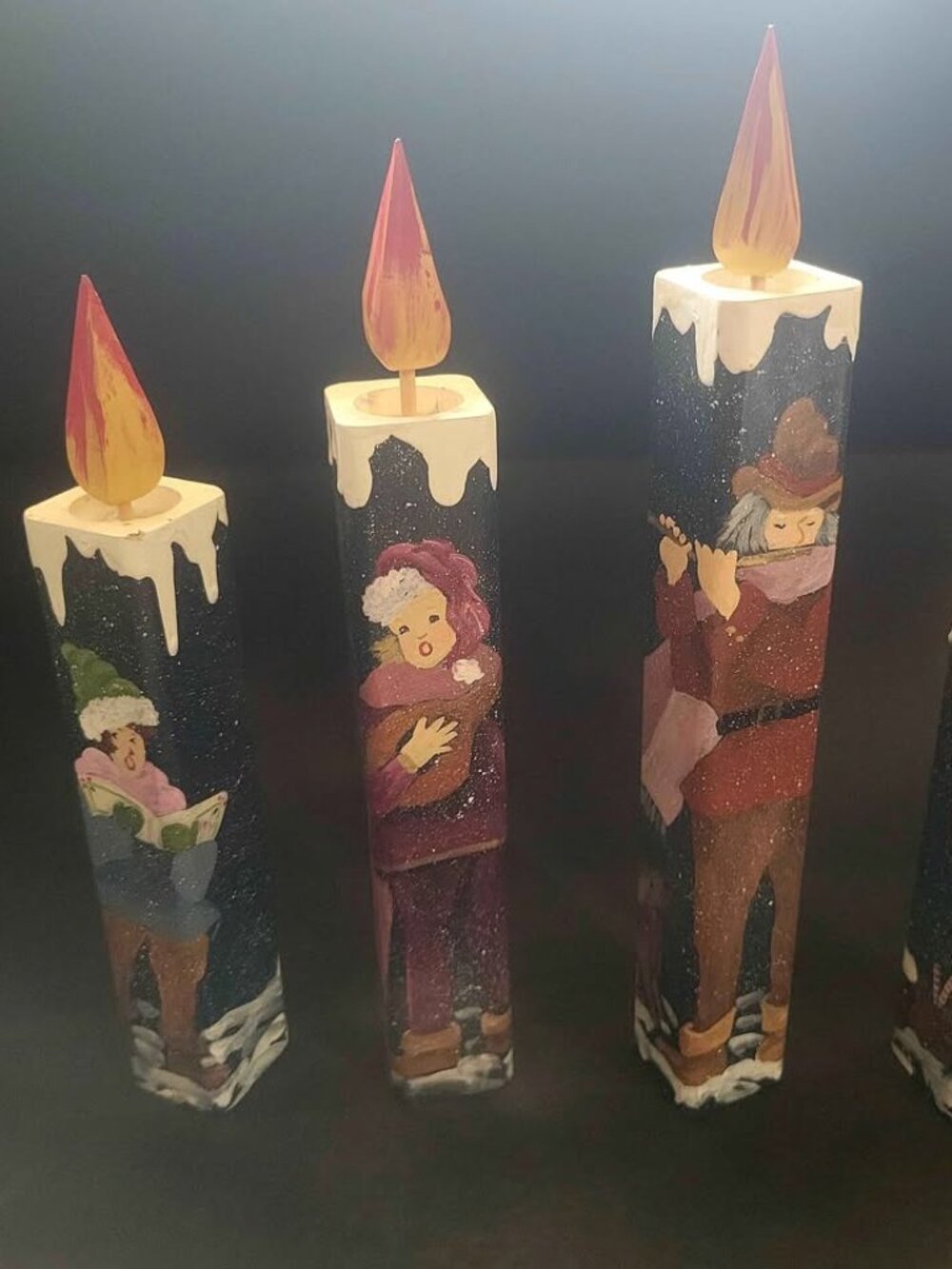 Wooden Vintage Christmas Candles With Painted Scenes Of Carolers And Musicians
